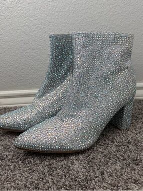 Women Champagne SilverRhinestone Blingy Pointed Ankle Boots Booties